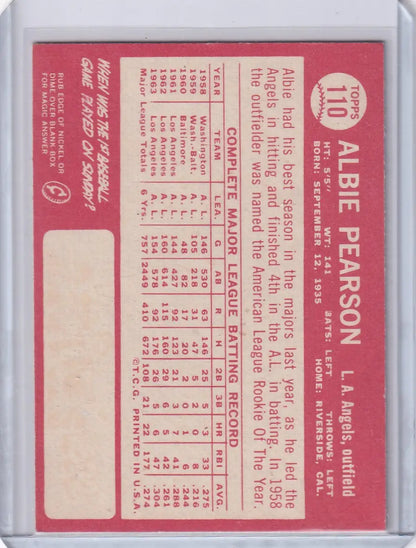 Vintage 1964 Topps Baseball #110 Albie Pearson card, Los Angeles Angels stats on back