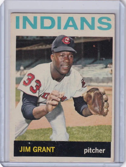 Vintage 1964 Topps Baseball card of Mudcat Grant, Cleveland Indians pitcher in fielding pose