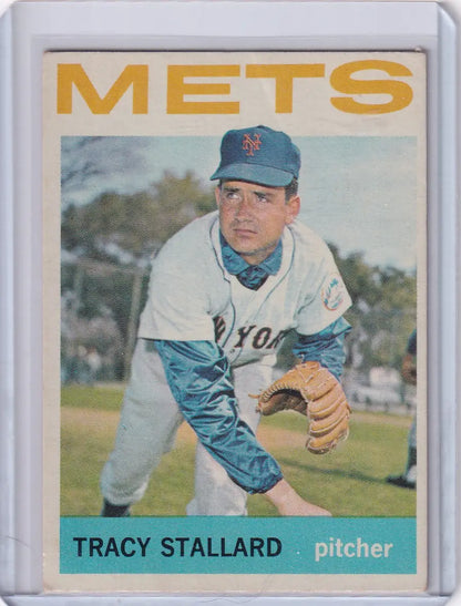 Vintage 1964 Topps Baseball card of Tracy Stallard, New York Mets pitcher in uniform
