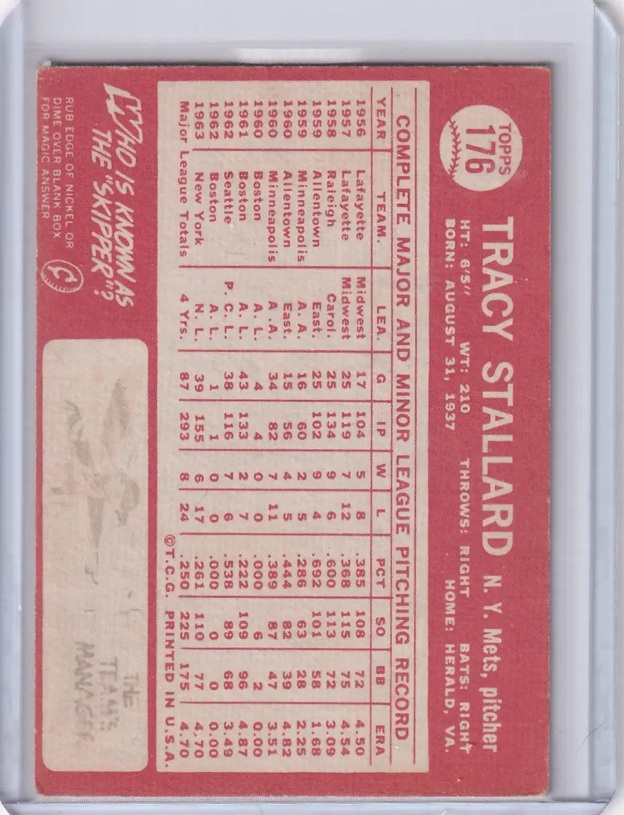 Vintage 1964 Topps Baseball #176 Tracy Stallard New York Mets card with player stats