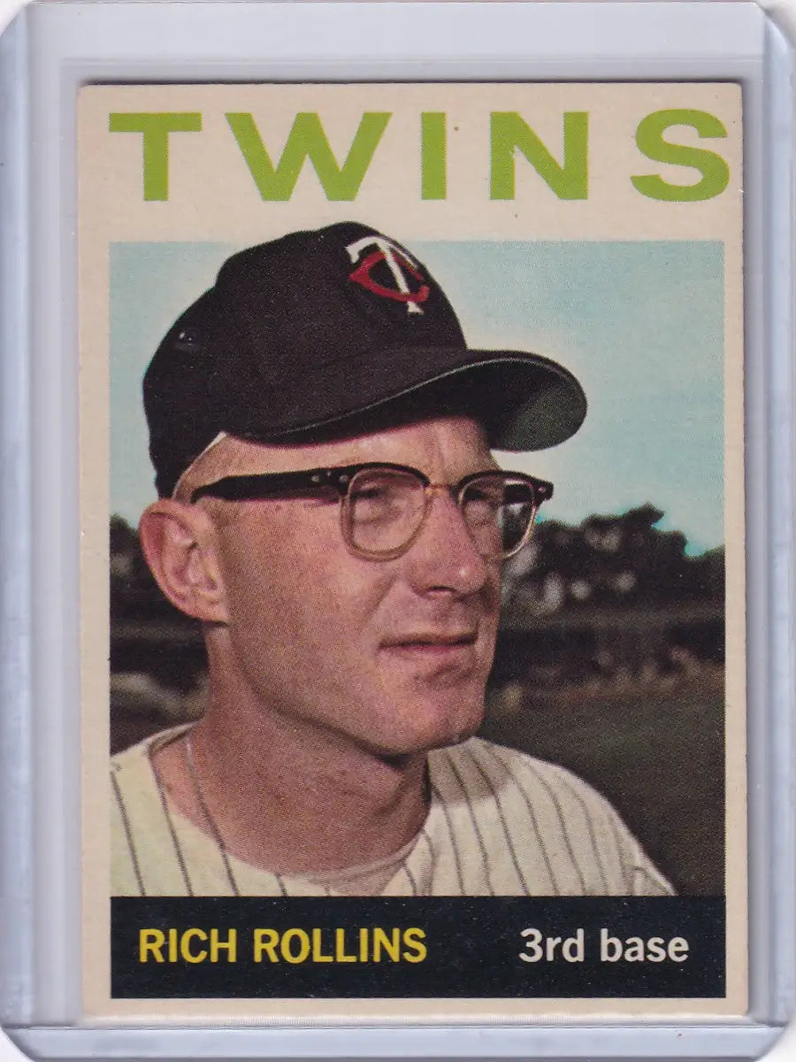 Vintage 1964 Topps Baseball card of Rich Rollins from Minnesota Twins with glasses