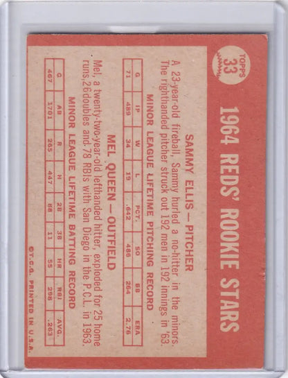 Vintage 1964 Topps Baseball card of Mel Queen Cincinnati Reds player statistics