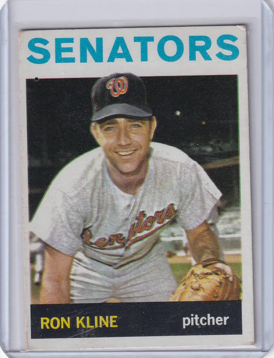 Vintage Topps Baseball card of Ron Kline, pitcher for Washington Senators in white uniform
