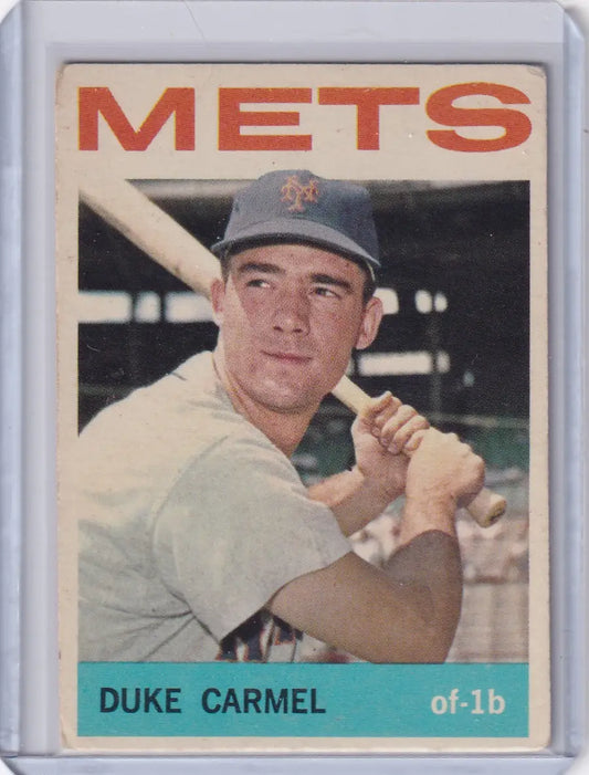 Vintage 1964 Topps Baseball card featuring Duke Carmel in New York Mets uniform