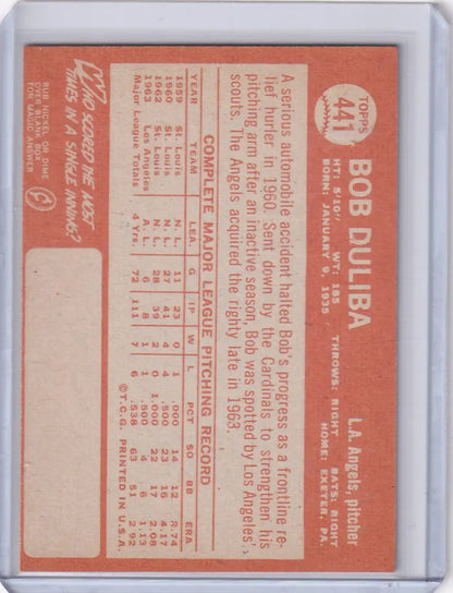 Back of 1964 Topps Baseball #441 Bob Duliba card with Los Angeles Angels stats