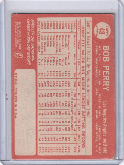Vintage baseball card of Bob Perry Los Angeles Angels from 1964 Topps Baseball series