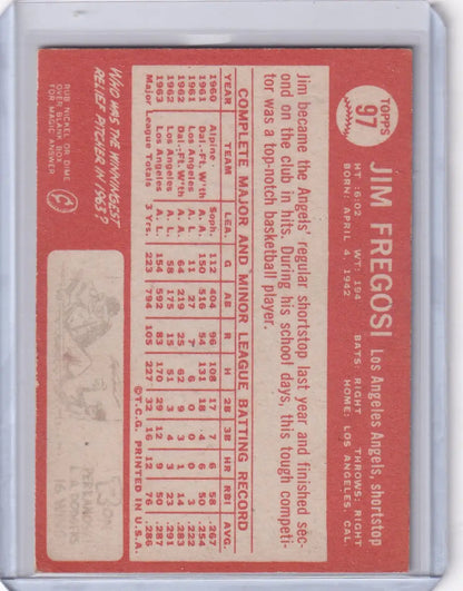 Vintage red Topps Baseball card of Jim Fregosi with Los Angeles Angels stats