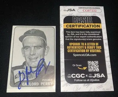 Autographed Gaylord Perry baseball card copy featuring JSA certification San Francisco Giants