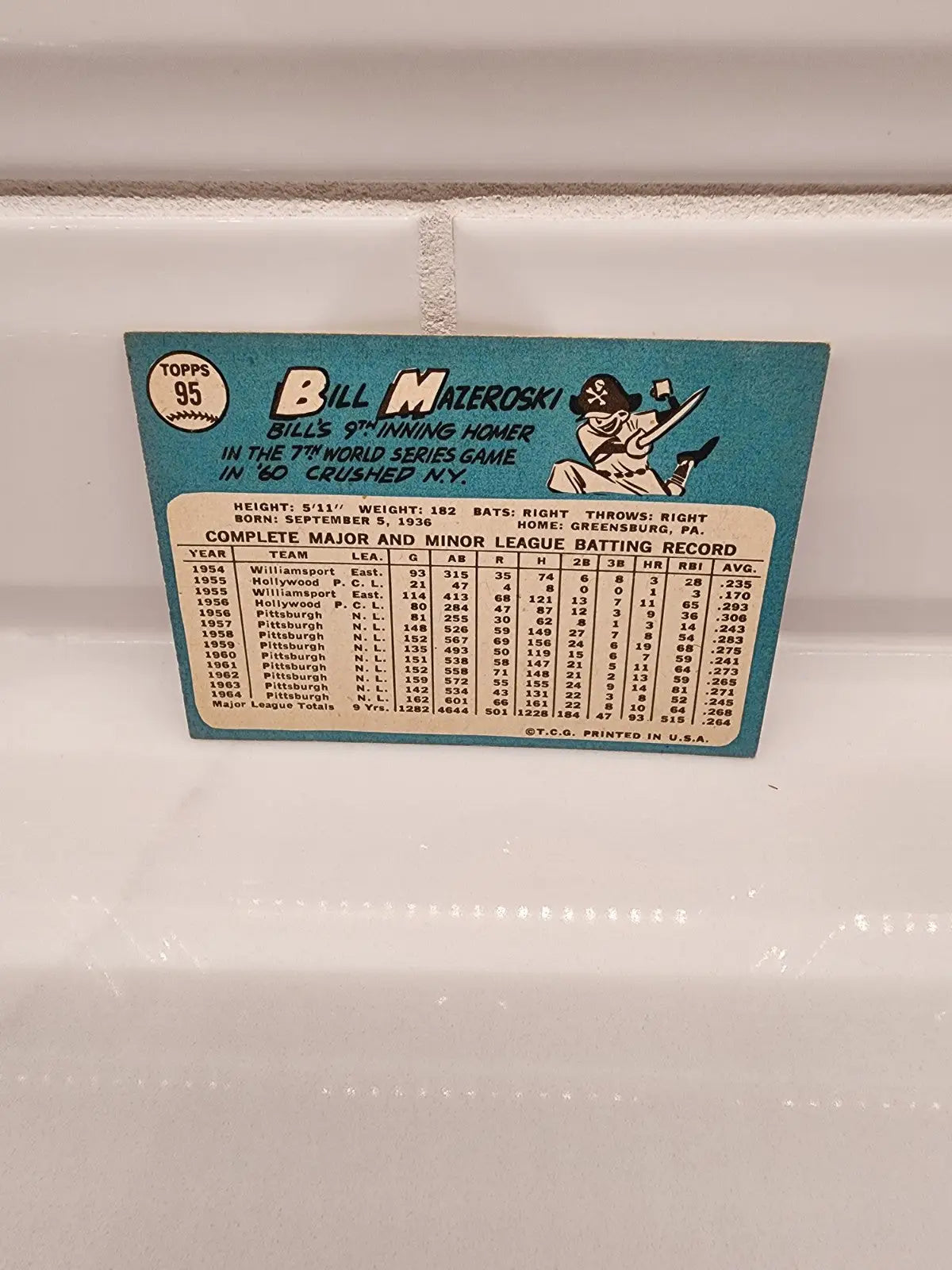 Vintage Bill Mazeroski baseball card from 1965 Topps, a key Pittsburgh Pirates sports trading card