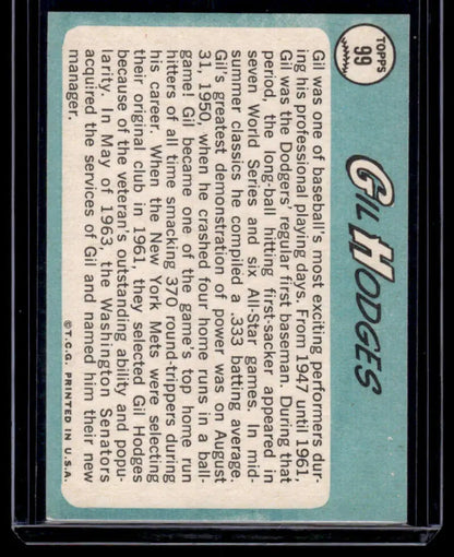 Vintage 1965 Topps Gil Hodges Baseball Card on turquoise background featuring Washington Senators