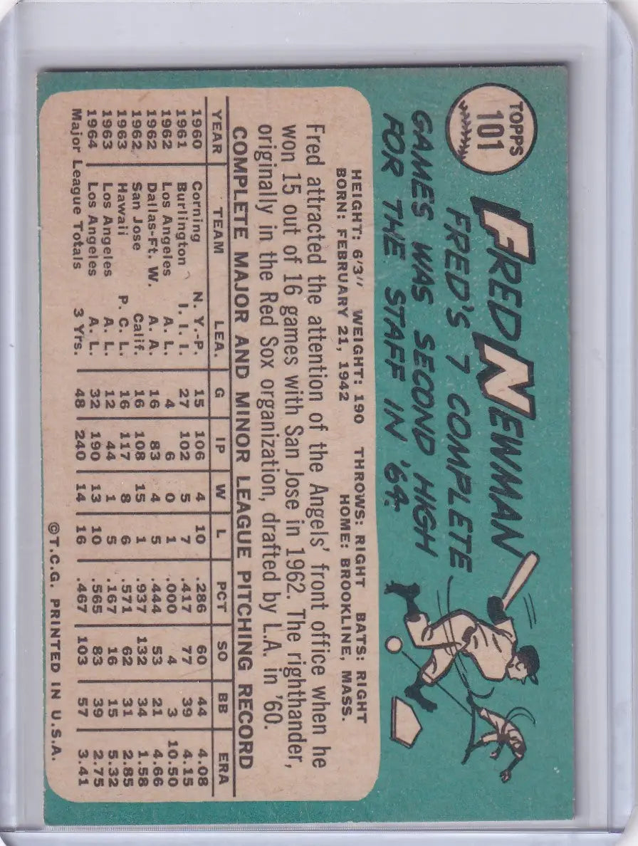 Baseball card of Fred Newman with stats, featuring Los Angeles Angels design