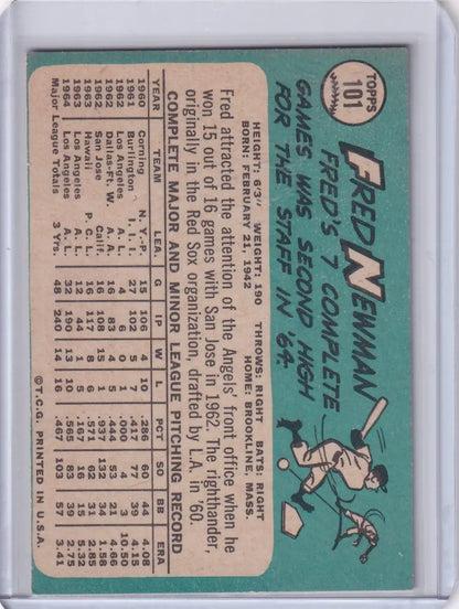 Baseball card of Fred Newman with stats, featuring Los Angeles Angels design