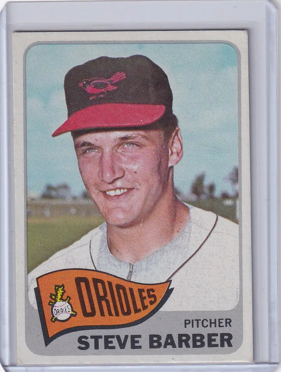 Baseball card of Steve Barber in Orioles cap from 1965 Topps Baseball set