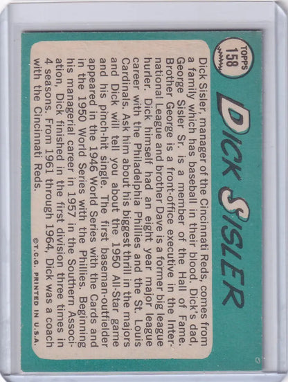 1965 Topps Baseball #158 Dick Sisler card with player stats on teal background