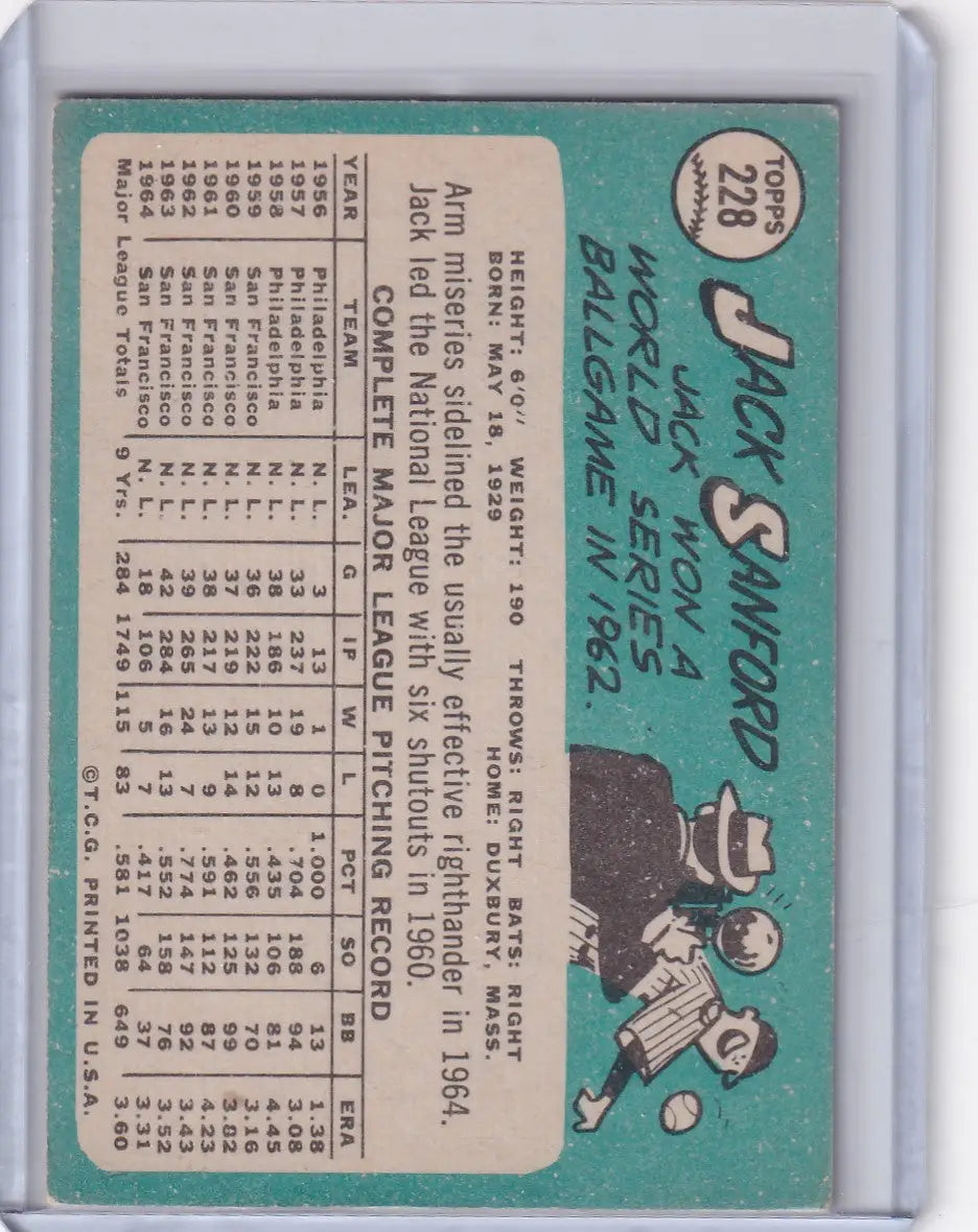 Vintage Topps Baseball card of Jack Sanford from the San Francisco Giants with stats and art