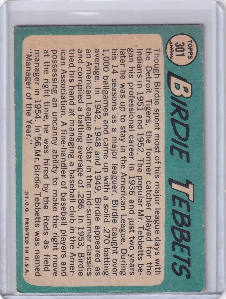1965 Topps Baseball card of Birdie Tebbetts from the Cleveland Indians stats and bio