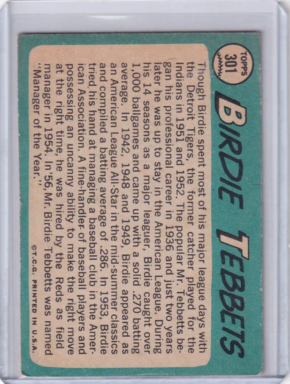 1965 Topps Baseball card of Birdie Tebbetts from the Cleveland Indians stats and bio