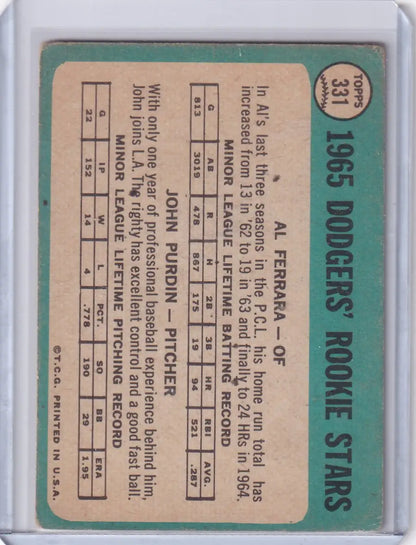 Vintage Topps Baseball card featuring Dodgers Rookies John Purdin and Al Ferrara