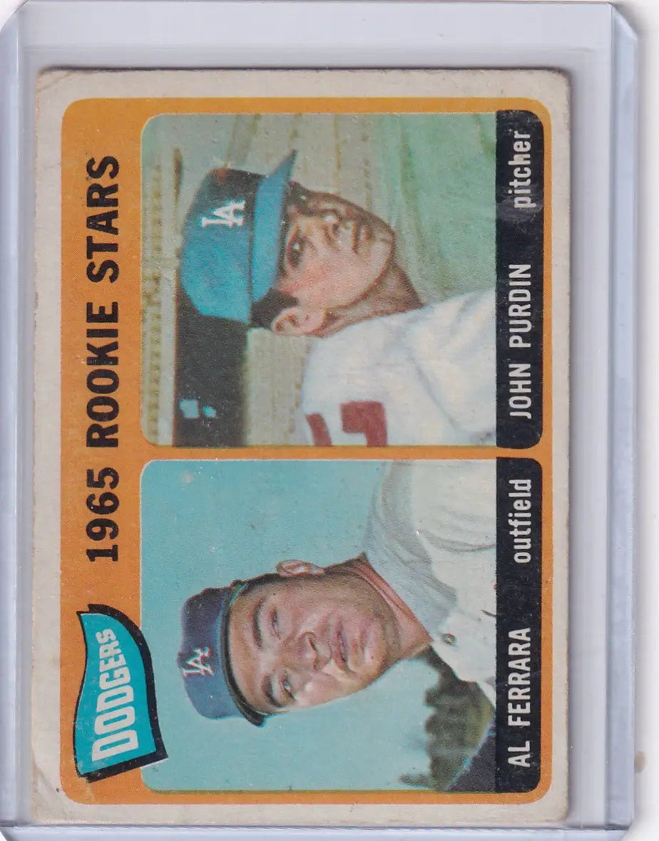 Vintage Topps Baseball card of Dodgers Rookies Al Ferrara and John Purdin from 1965