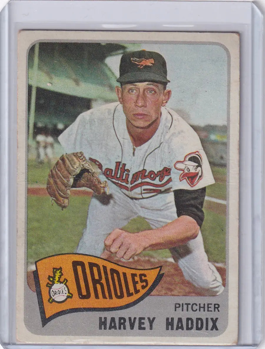 Vintage 1965 Topps Baseball card of Harvey Haddix, pitcher for the Baltimore Orioles