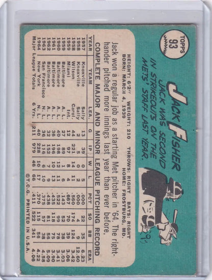 Vintage 1965 Topps Baseball card of Jack Fisher from the New York Mets with player stats