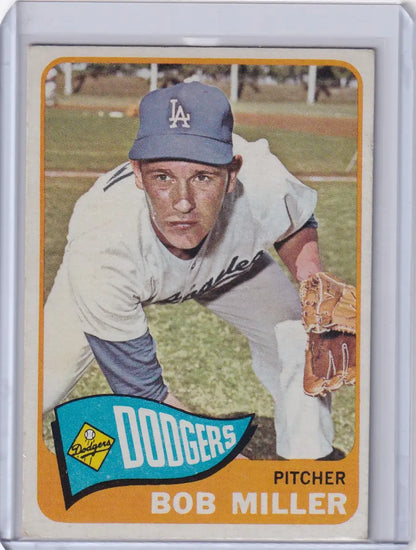 Baseball card of Bob Miller pitching for Los Angeles Dodgers in 1965 Topps Baseball