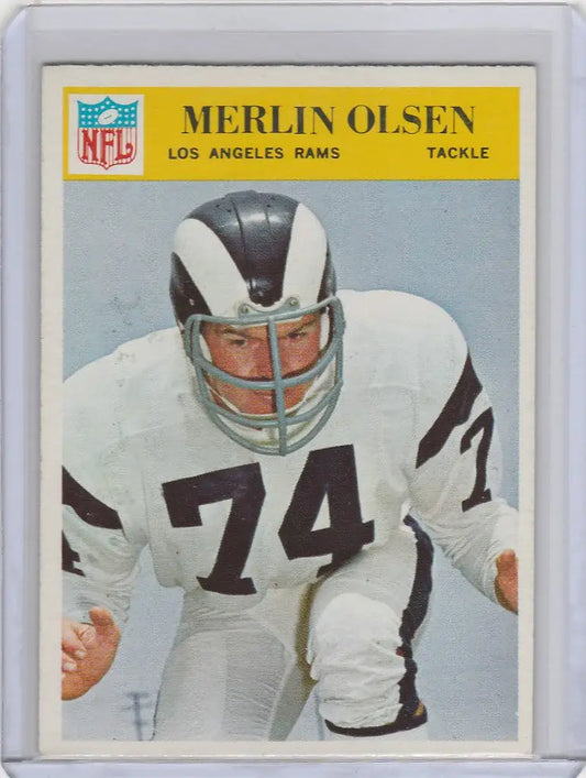 Football trading card of Merlin Olsen Los Angeles Rams in white uniform number 74