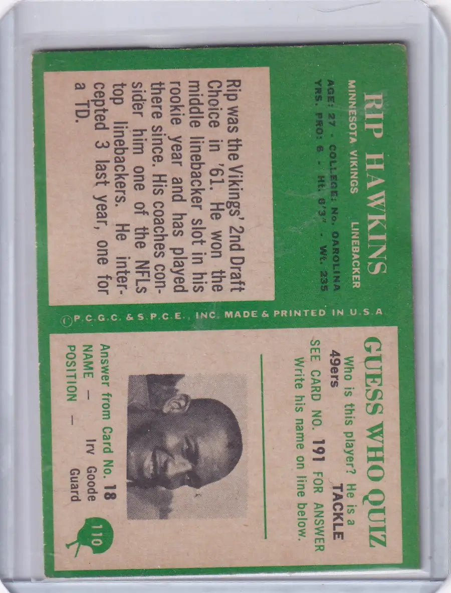 Vintage football card of Rip Hawkins from the 1966 Philadelphia Football series featuring the Minnesota Vikings