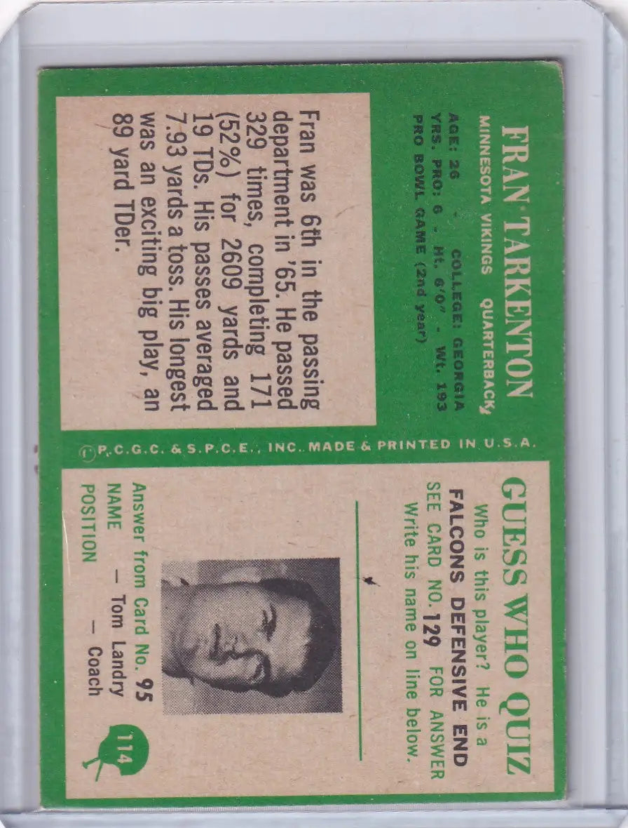 Vintage Philadelphia football card featuring Fran Tarkenton of the Minnesota Vikings