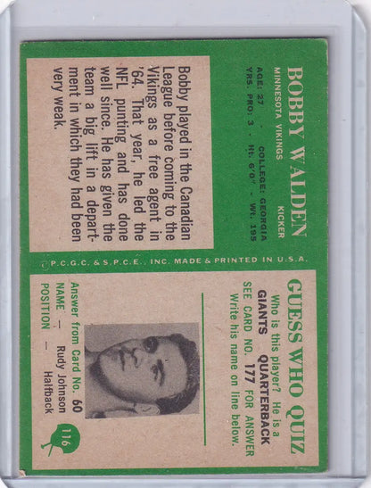 Vintage football card of Bobby Walden Minnesota Vikings from 1966 Philadelphia Football