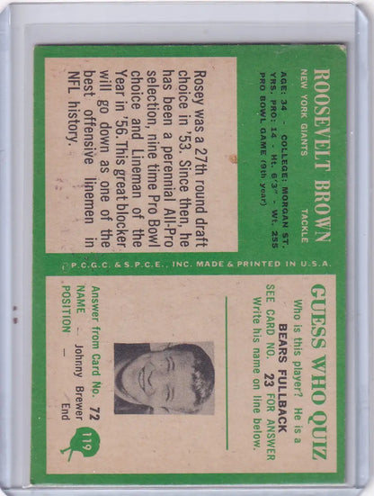 Vintage Roosevelt Brown Philadelphia Football card featuring 1966 New York Giants player