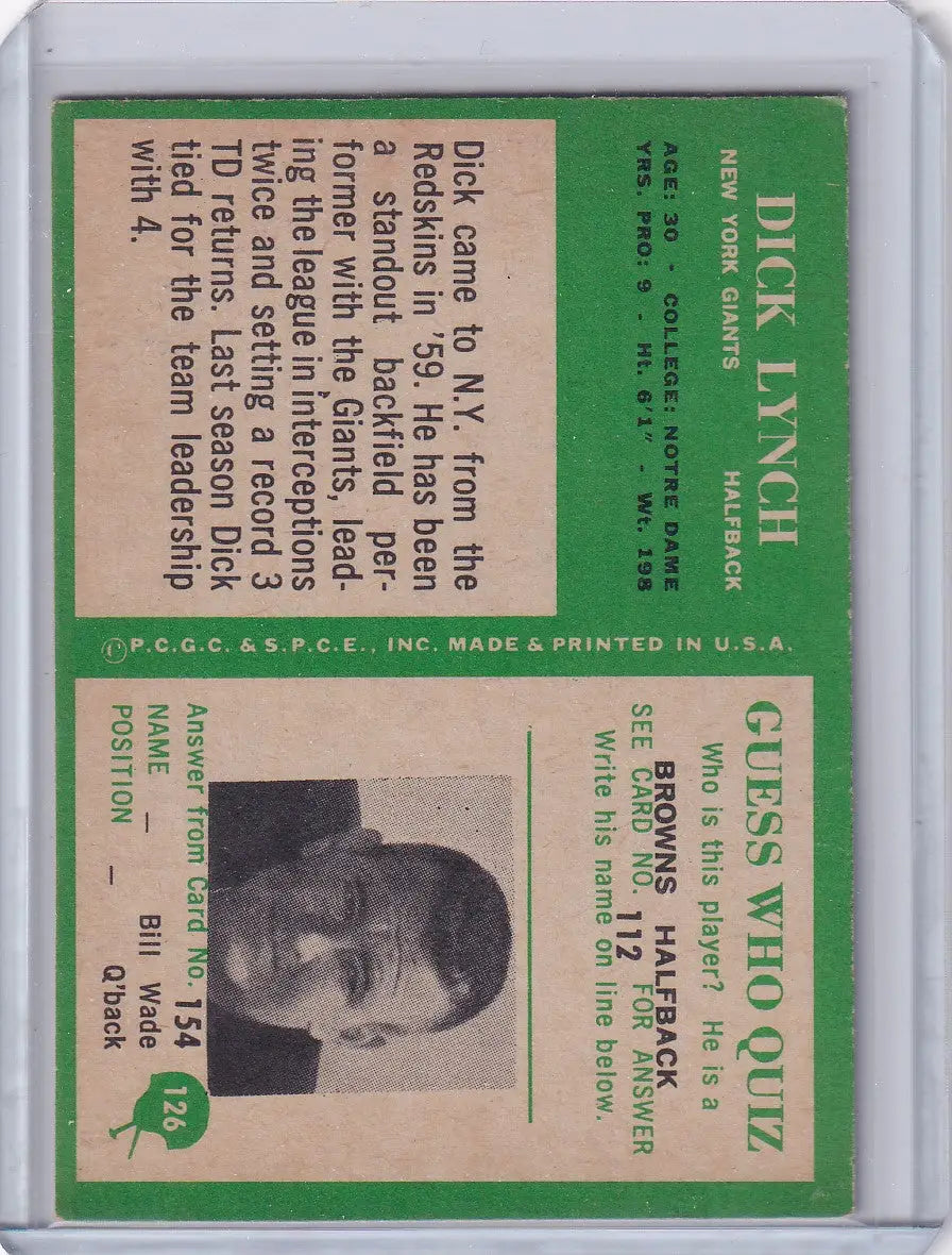 Vintage football card of Dick Lynch from the Philadelphia Football 1966 York Giants series