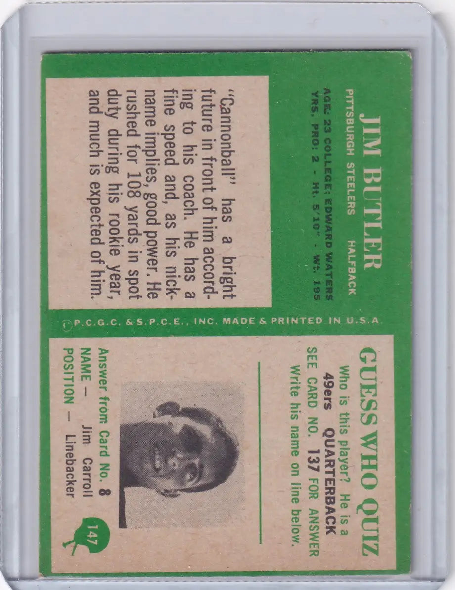 Vintage Philadelphia football card of Jim Butler from the Pittsburgh Steelers 1966 collection