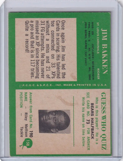 Vintage football card of Jim Bakken from the 1966 Philadelphia Football series featuring Louis Cardinals