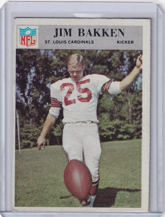 Vintage Jim Bakken football card from the 1966 Philadelphia Football series featuring Jim Bakken of the St. Louis Cardinals