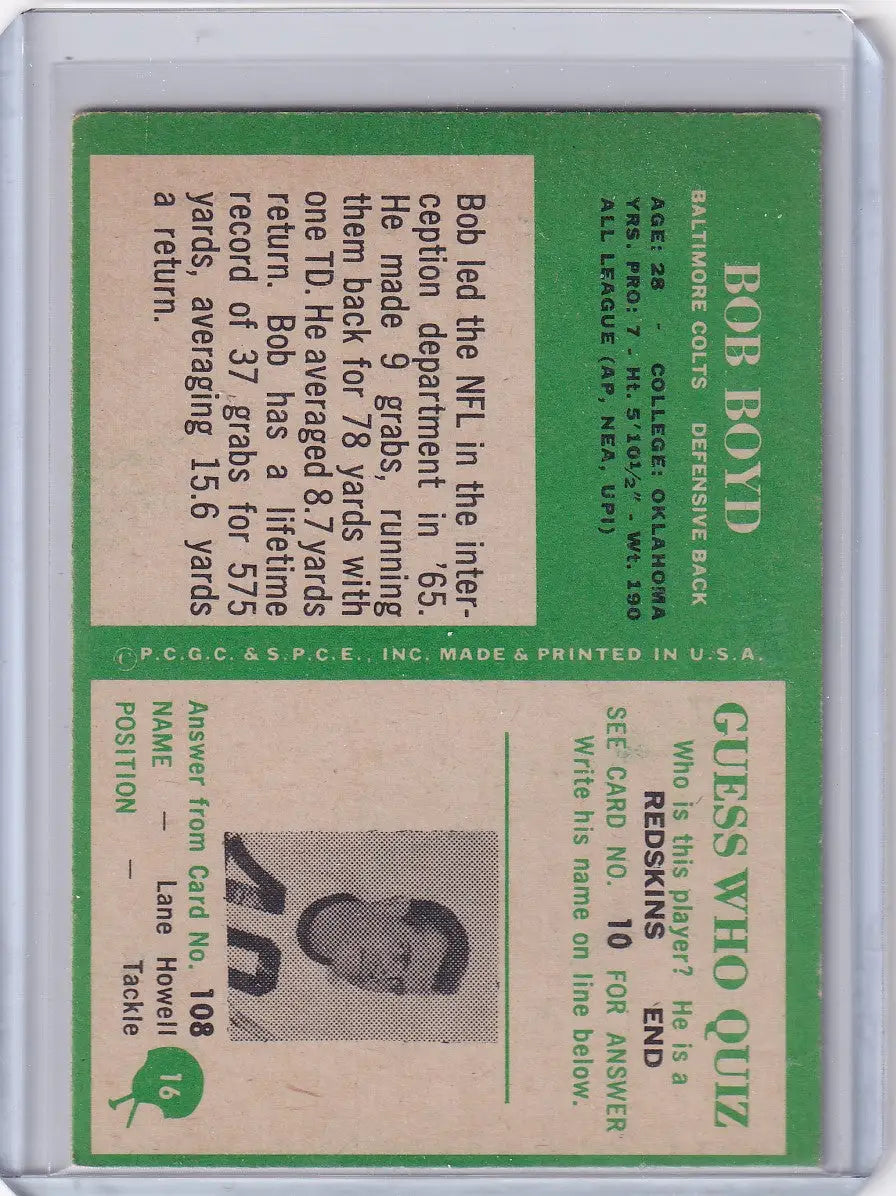 Vintage Philadelphia football card featuring Bob Boyd of the Baltimore Colts from 1966
