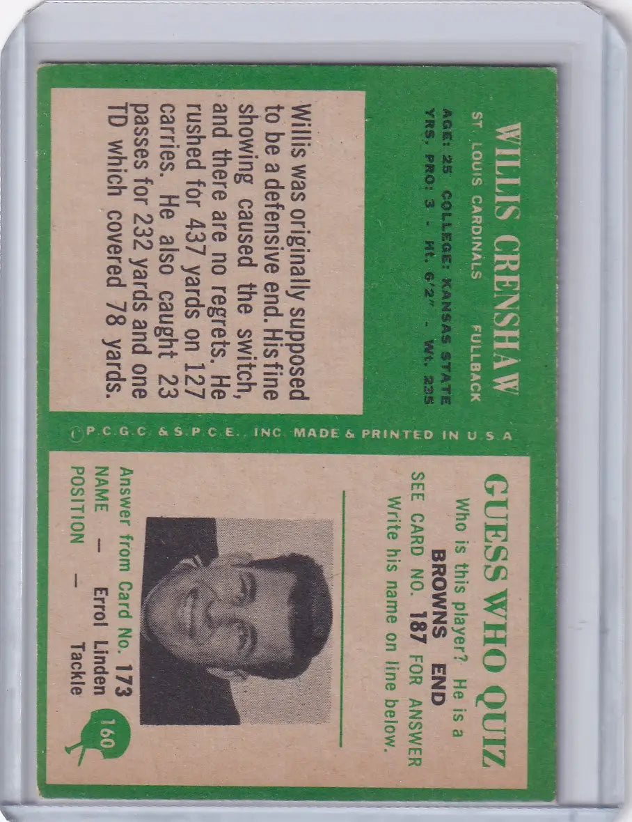 Vintage 1966 Philadelphia Football card of Willis Crenshaw St. Louis Cardinals RC