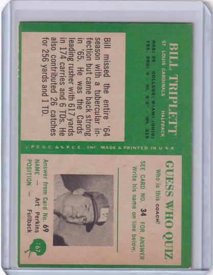 Vintage football card back of 1966 Philadelphia Football Bill Triplett St. Louis Cardinals