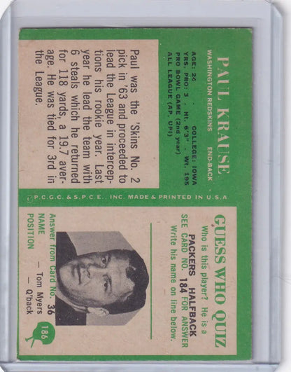 Vintage Philadelphia football card of Paul Krause with Washington Redskins from 1966