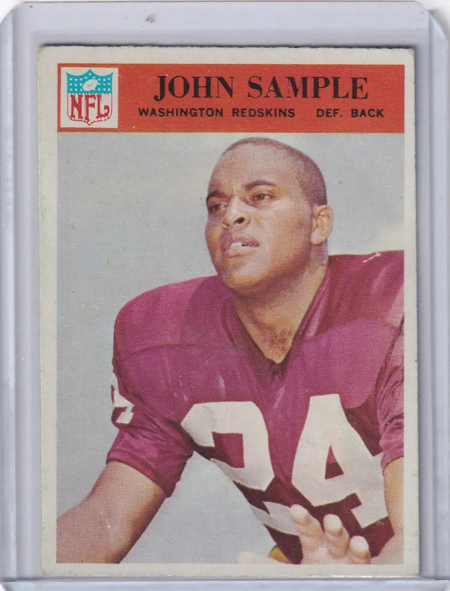 Vintage John Sample football card from 1966 Philadelphia Football featuring Johnny Sample with Washington Redskins