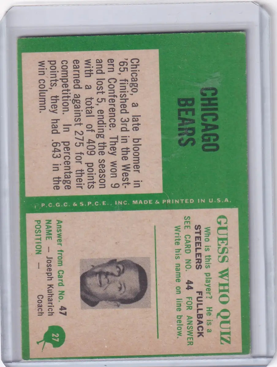 Vintage football card featuring 1966 Philadelphia Football Chicago Bears Team player