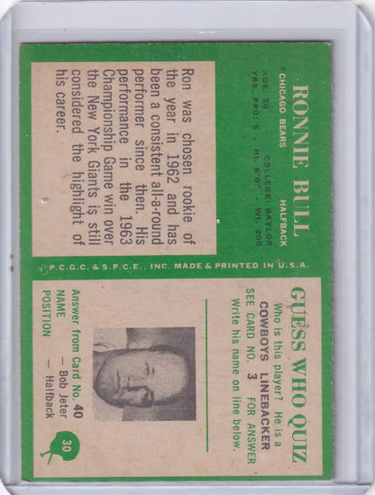 Vintage Philadelphia football card of Ron Bull from the Chicago Bears 1966 collection