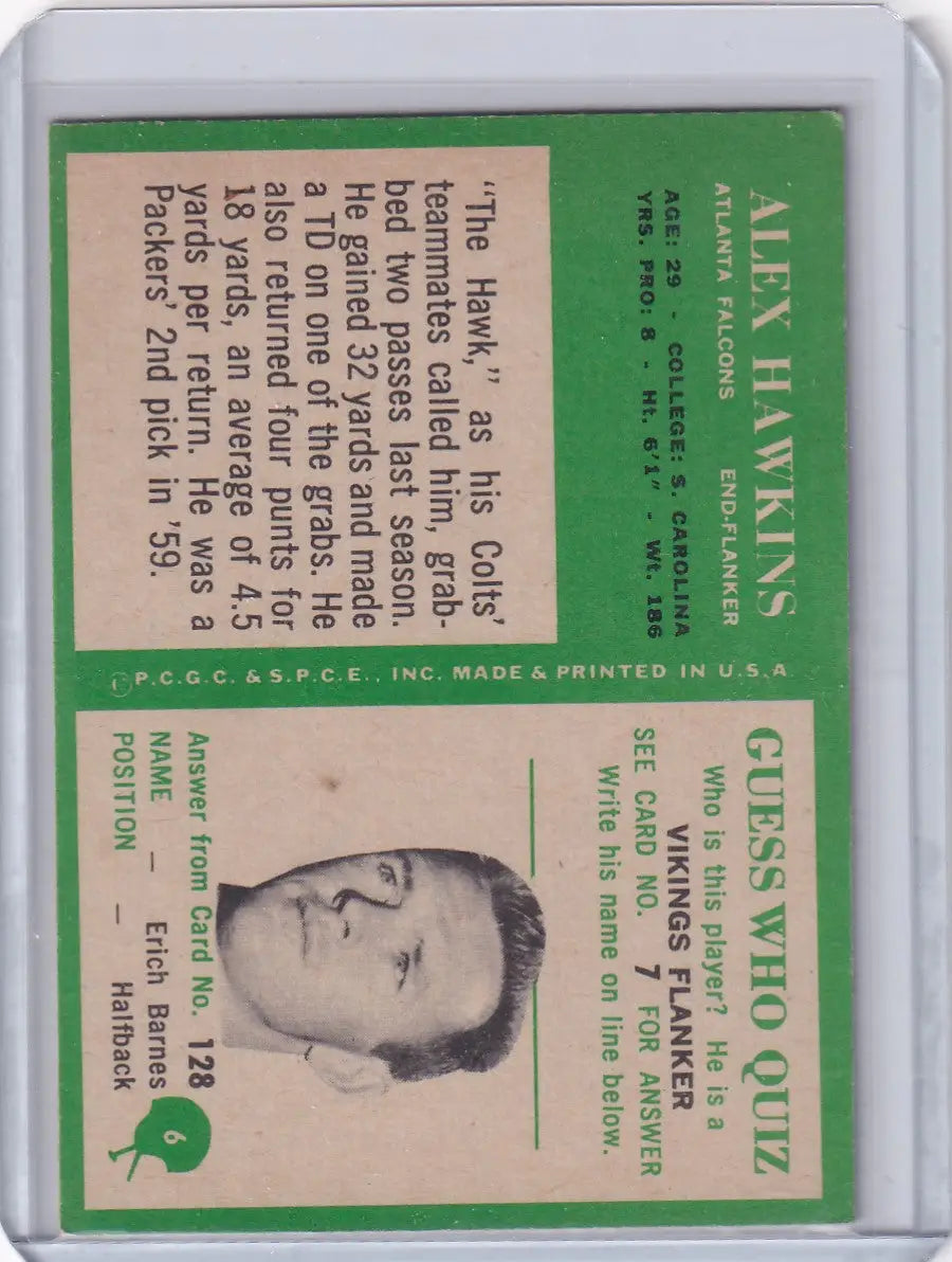 Vintage Philadelphia Football card featuring Alex Hawkins of the Atlanta Falcons in 1966