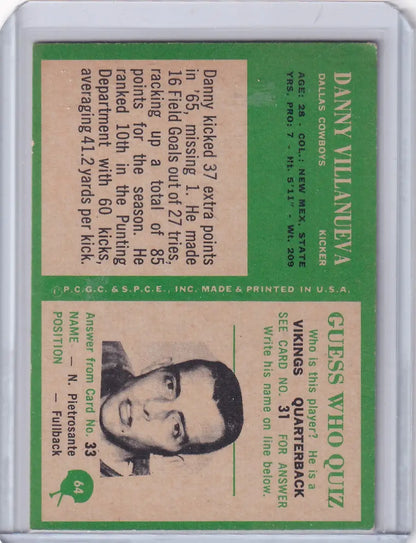Vintage Philadelphia football card of Danny Villanueva from the Dallas Cowboys team