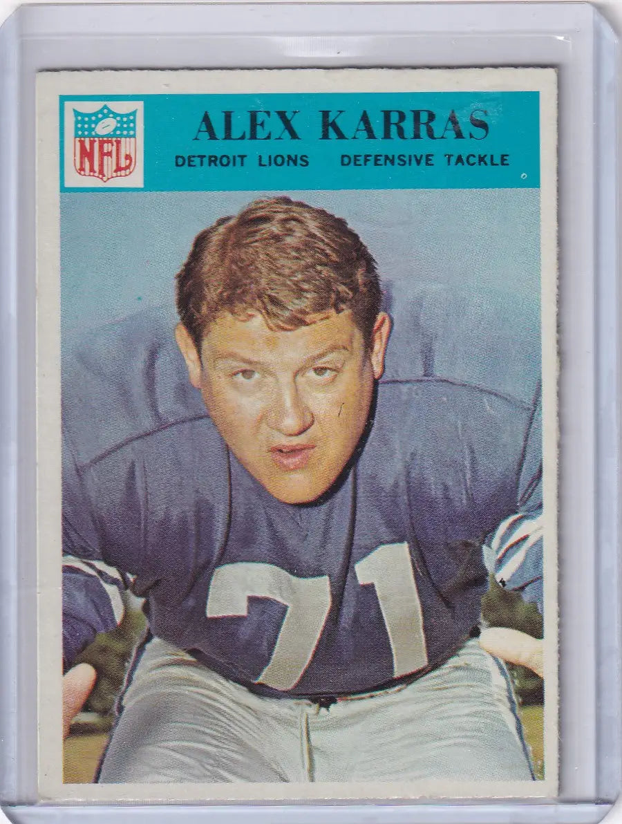 Philadelphia football card featuring Alex Karras from the Detroit Lions 1966 season