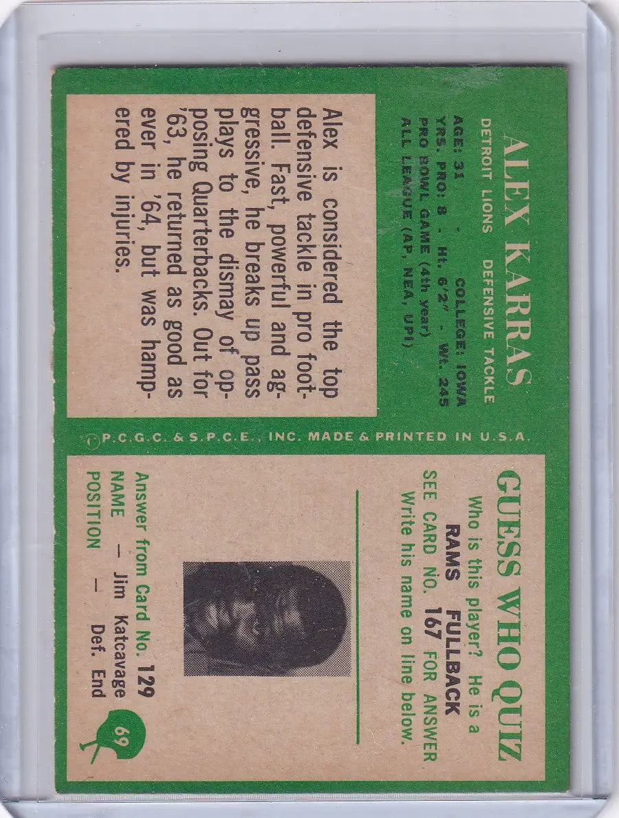 Vintage Philadelphia Football card featuring Alex Karras of the Detroit Lions