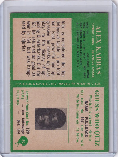Vintage Philadelphia Football card featuring Alex Karras of the Detroit Lions
