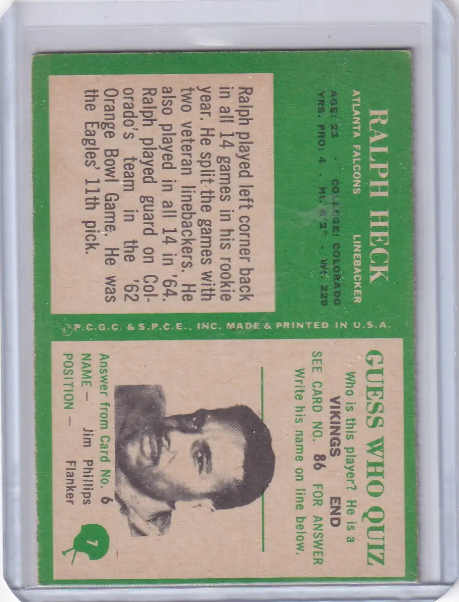 Vintage Philadelphia Football Ralph Heck football card from the 1966 Atlanta Falcons collection