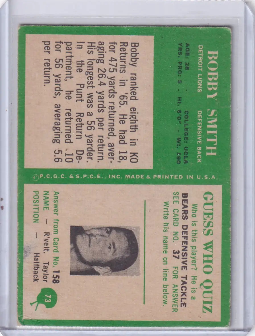 Vintage phiadelphia football card of Bobby Smith from Detroit Lions 1966 Philadelphia Football #73