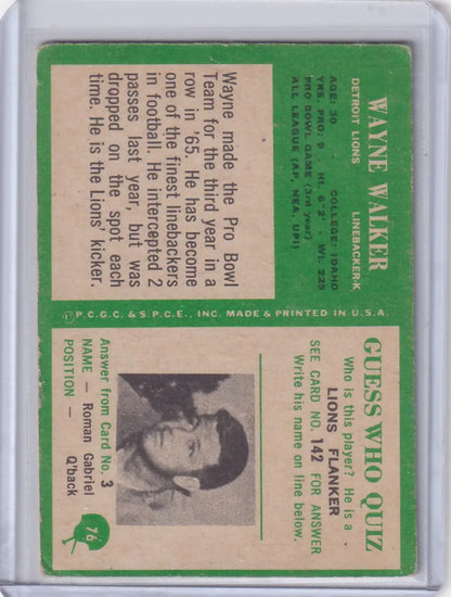 Vintage Philadelphia Football card featuring Wayne Walker of the Detroit Lions from 1966